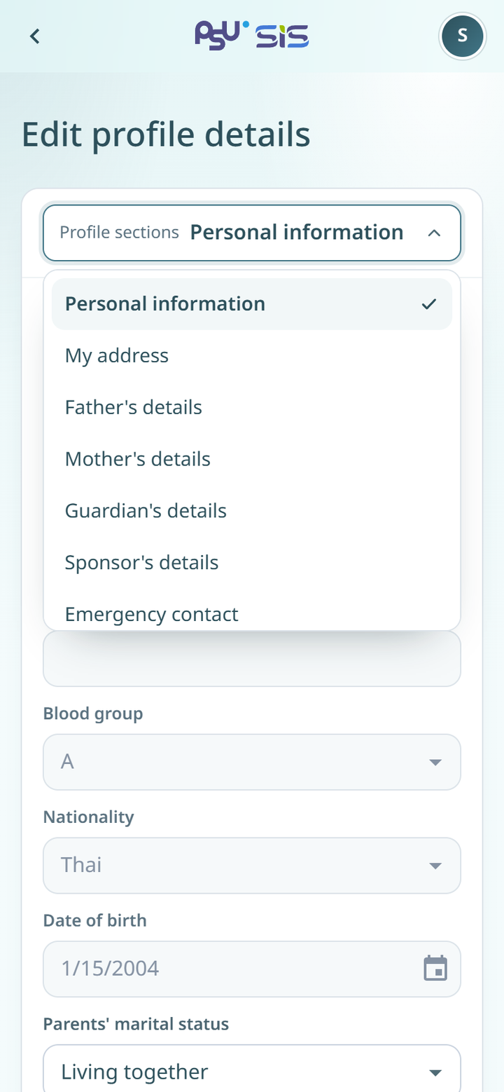 The list of profile sections