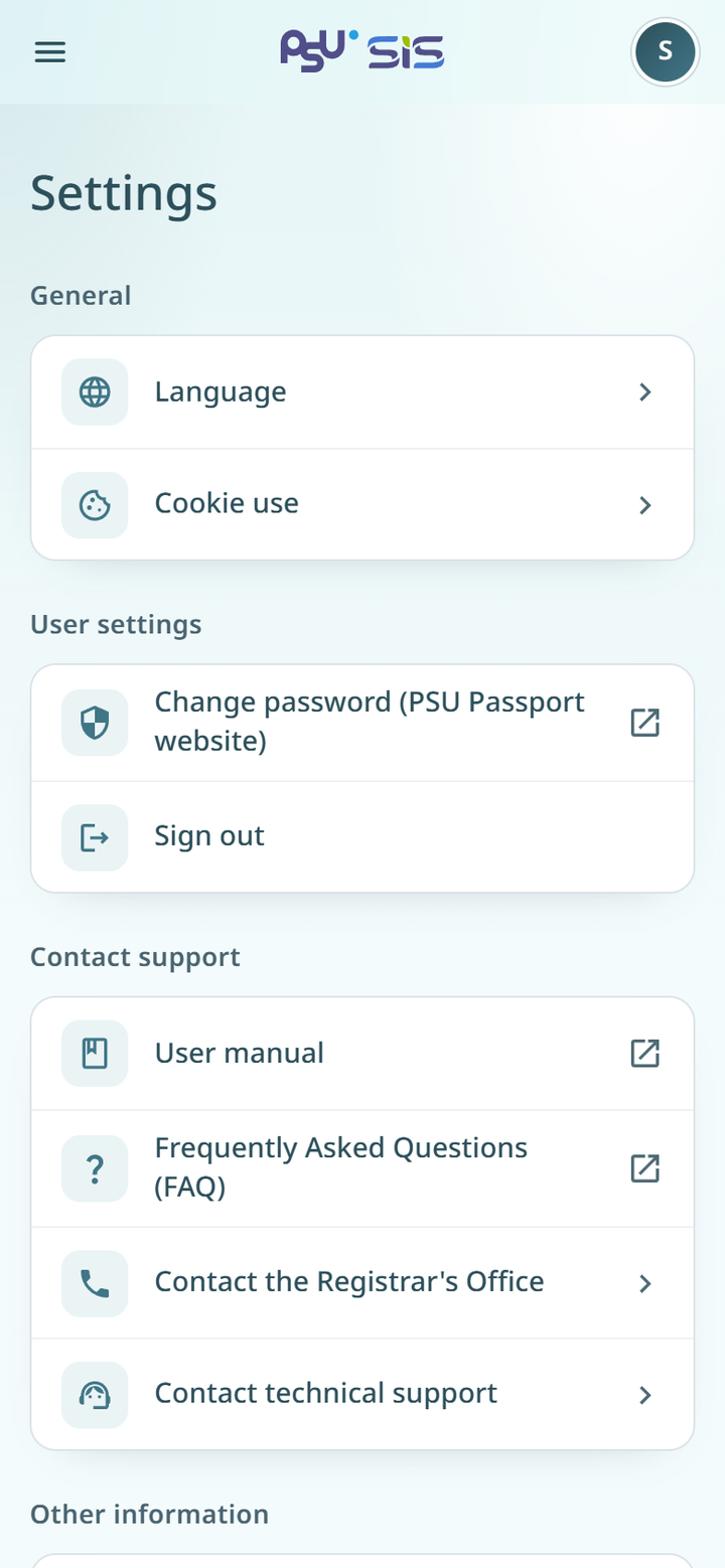 The Settings page