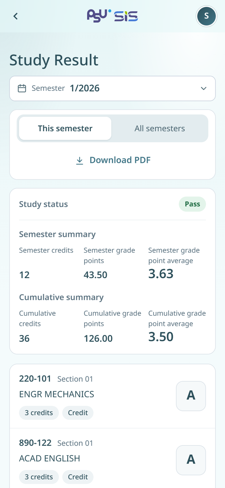Grades for one semester