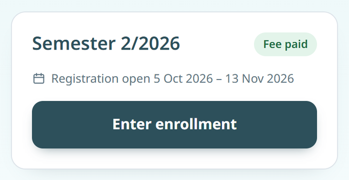 A paid semester card with the enter enrollment button