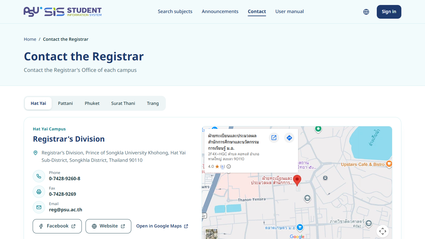 The Contact the Registrar page