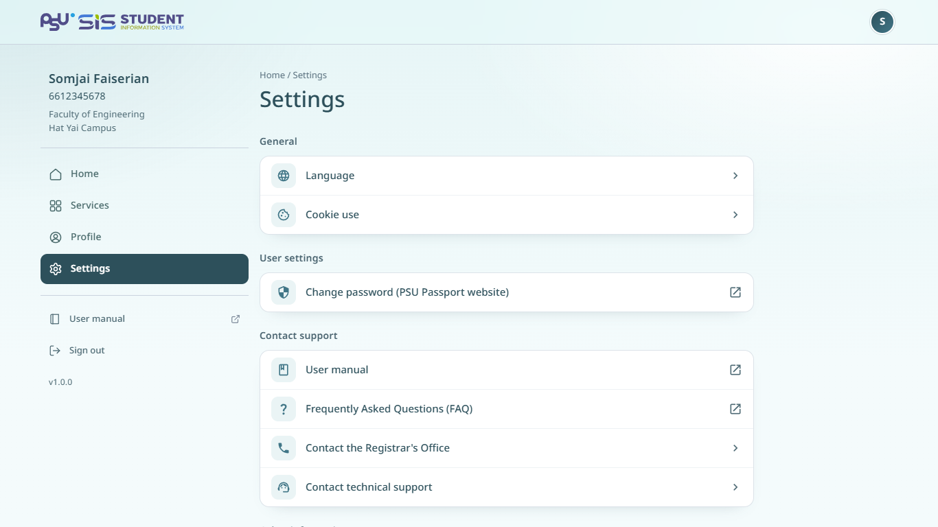 The Settings page