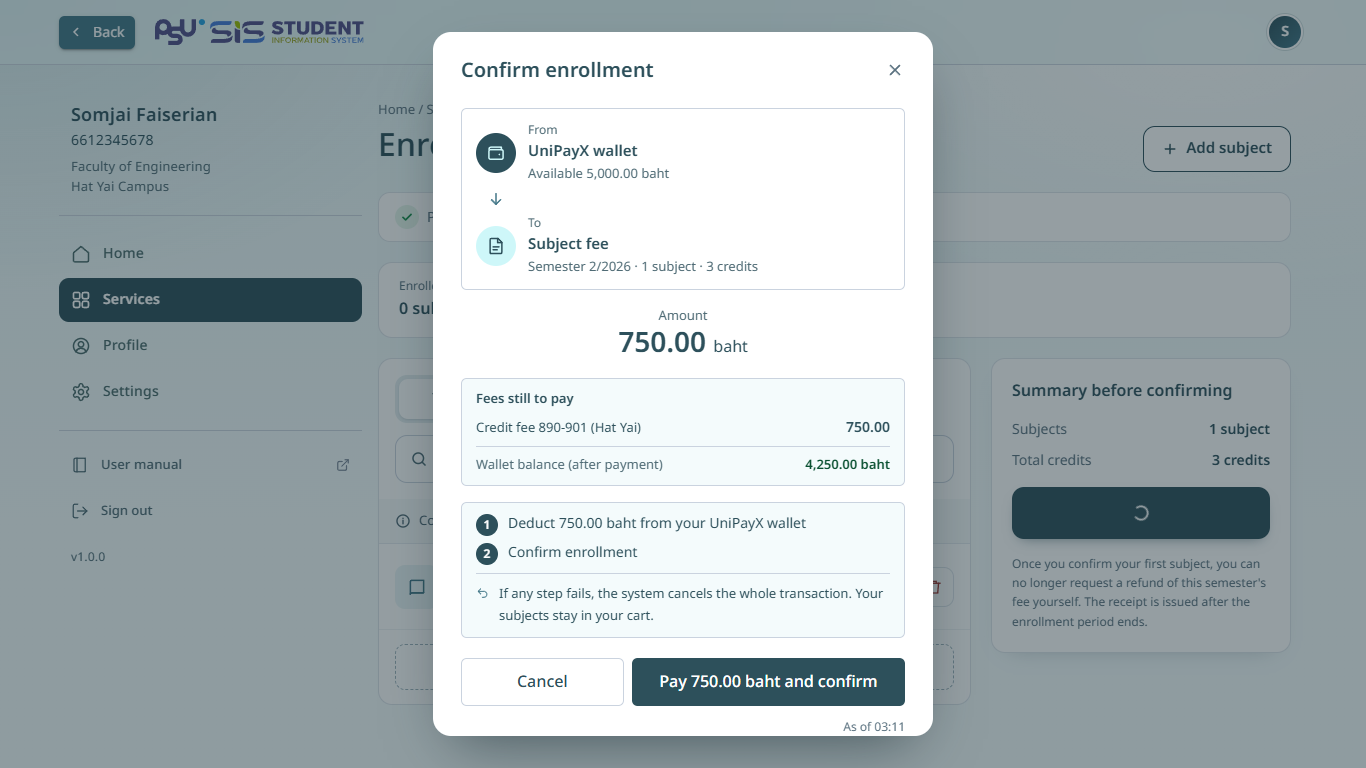 The confirm window with a subject fee to pay