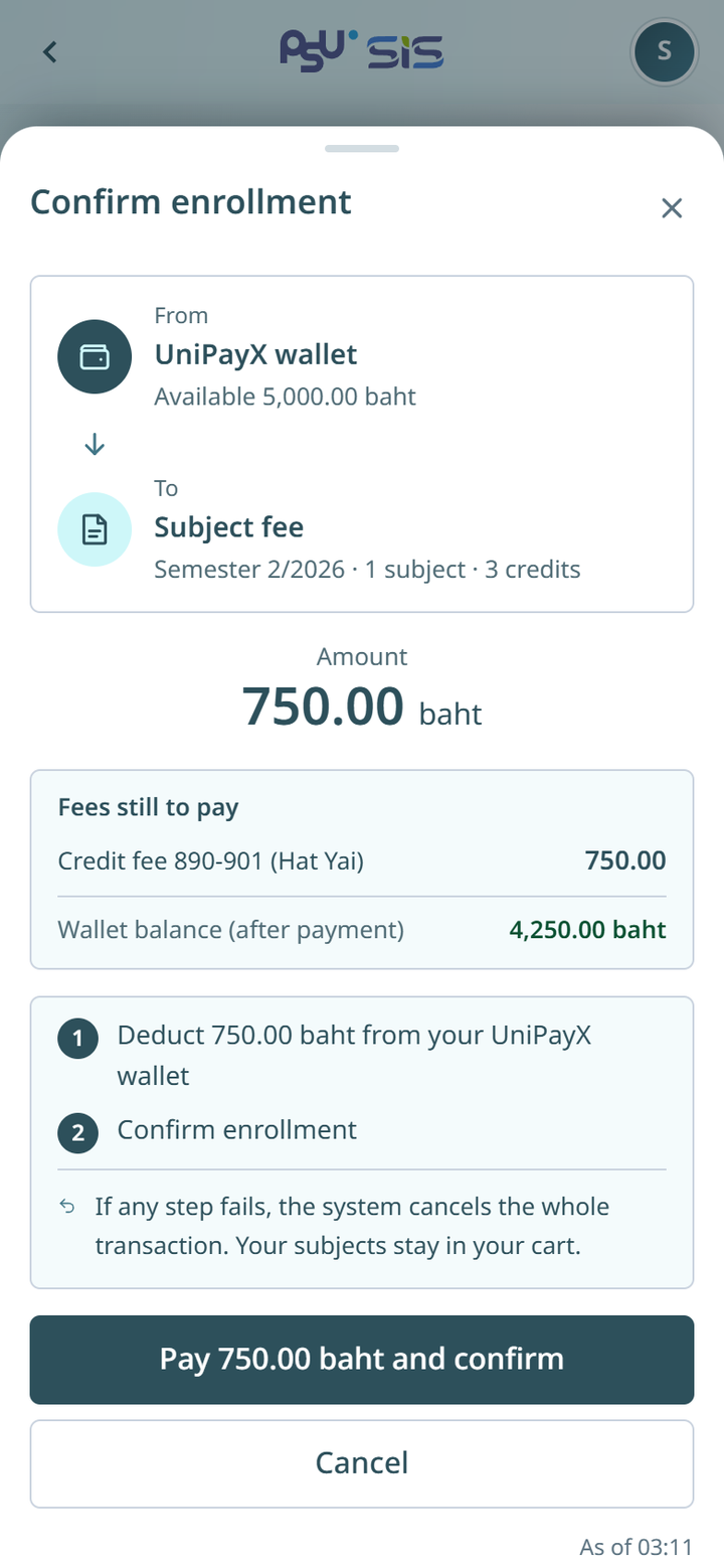 The confirm window with a subject fee to pay
