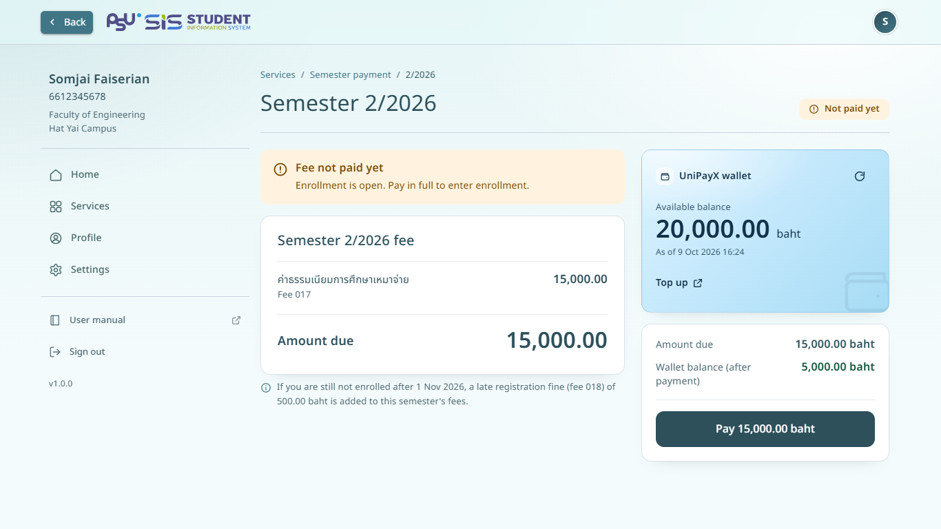 The semester fee page before payment