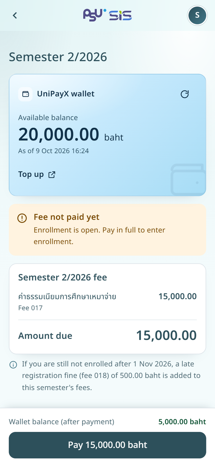 The semester fee page before payment